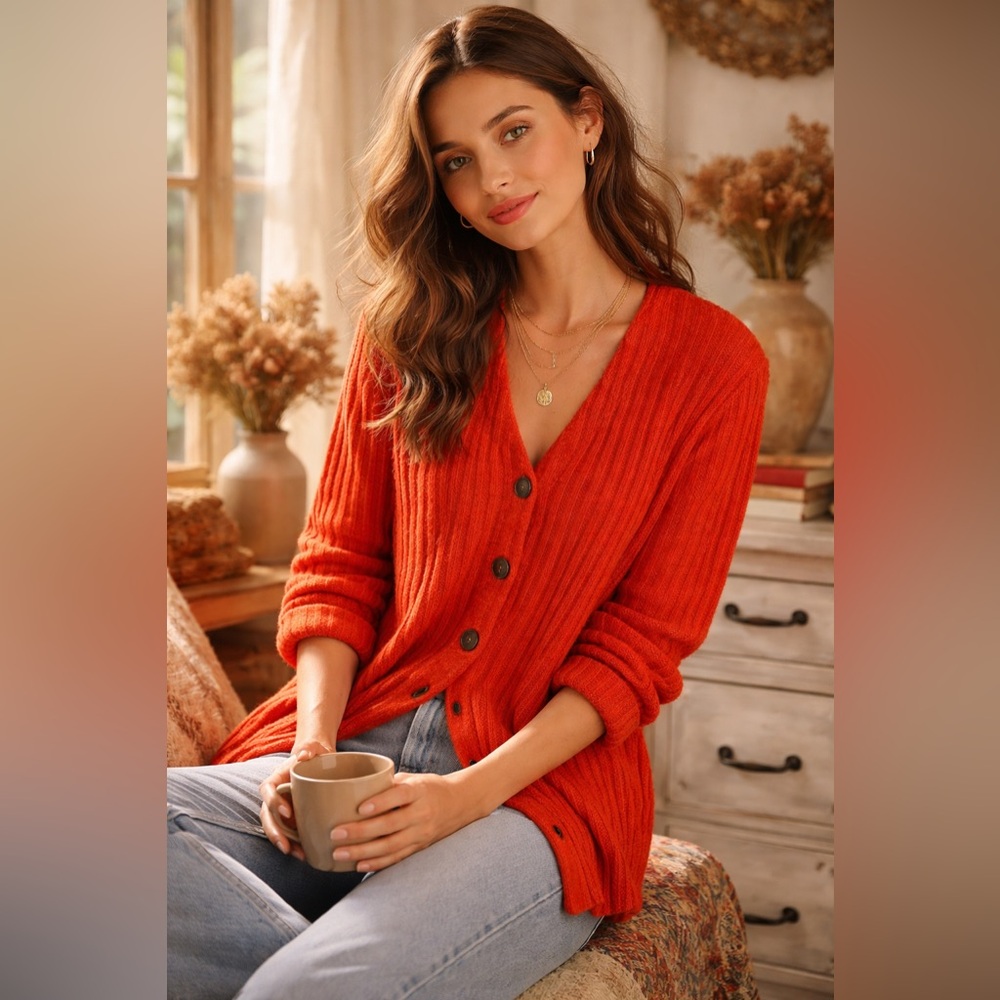 Vintage 90’s Express Coral Ribbed Cardigan Sweater Grandpa Cozy Slouchy Chenille
